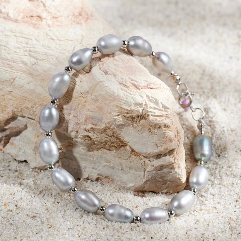 天然灰色米型淡水珍珠紫雲丹吊墜手鍊 銀色水泡扣 7-8mm 簡約時尚
