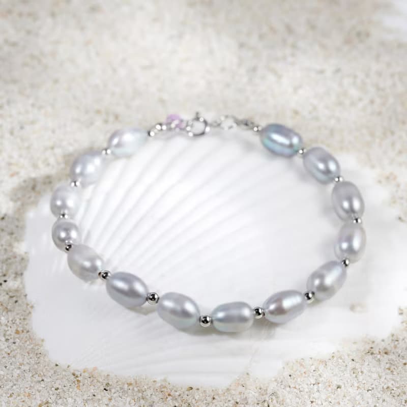 天然灰色米型淡水珍珠紫雲丹吊墜手鍊 銀色水泡扣 7-8mm 簡約時尚
