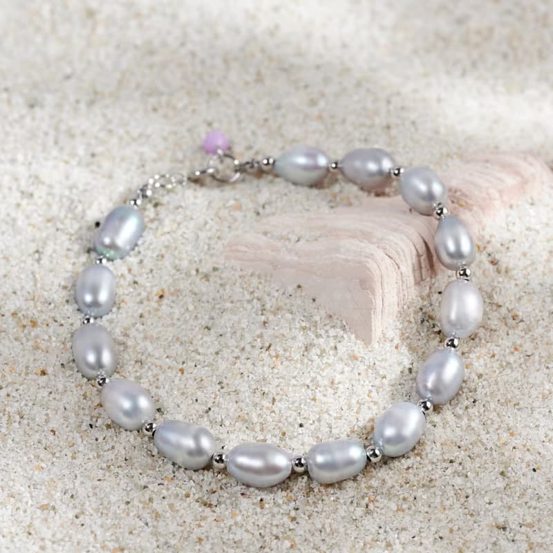 天然灰色米型淡水珍珠紫雲丹吊墜手鍊 銀色水泡扣 7-8mm 簡約時尚