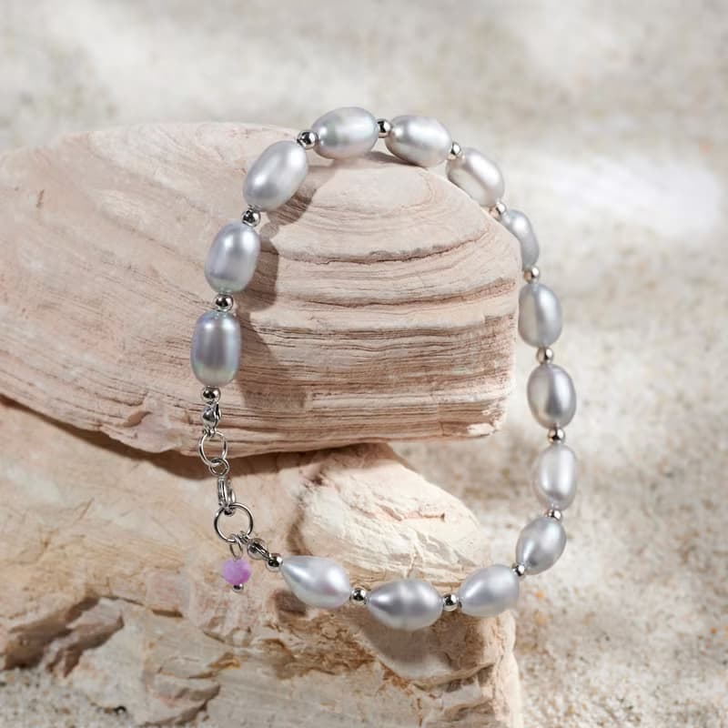 天然灰色米型淡水珍珠紫雲丹吊墜手鍊 銀色水泡扣 7-8mm 簡約時尚