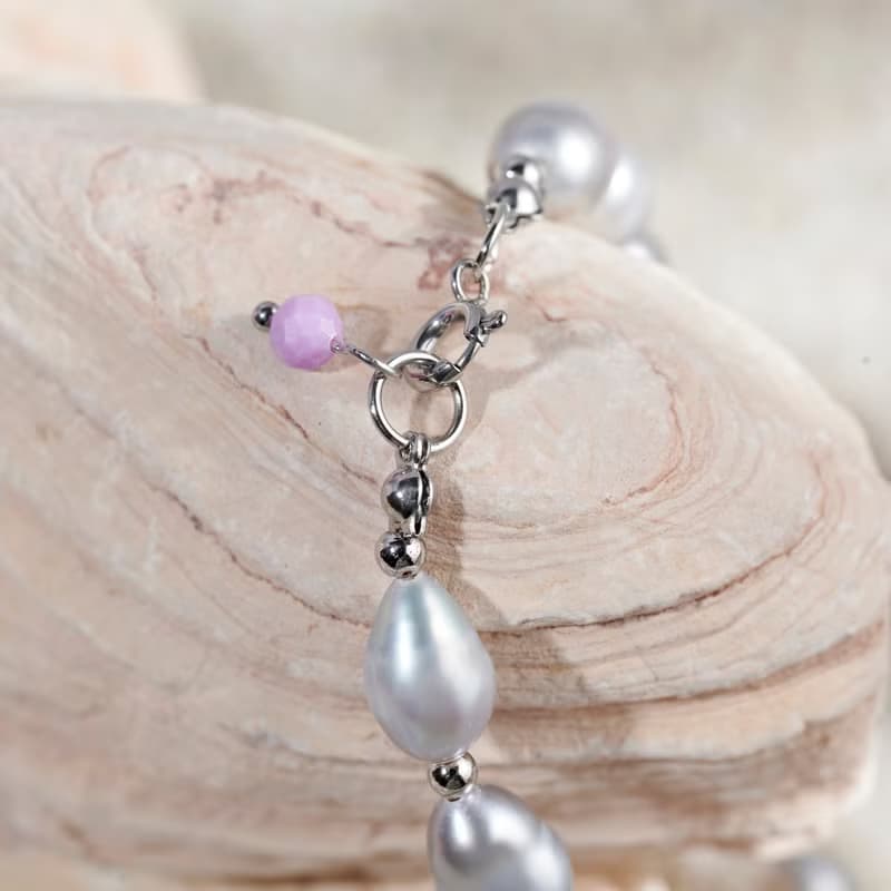 天然灰色米型淡水珍珠紫雲丹吊墜手鍊 銀色水泡扣 7-8mm 簡約時尚