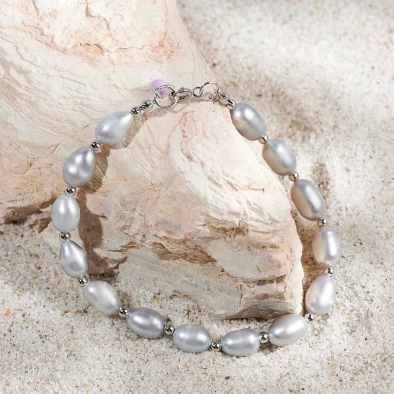 天然灰色米型淡水珍珠紫雲丹吊墜手鍊 銀色水泡扣 7-8mm 簡約時尚