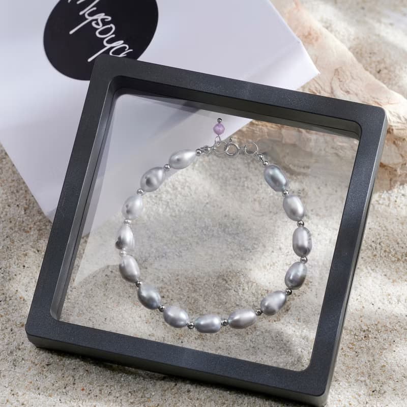 天然灰色米型淡水珍珠紫雲丹吊墜手鍊 銀色水泡扣 7-8mm 簡約時尚
