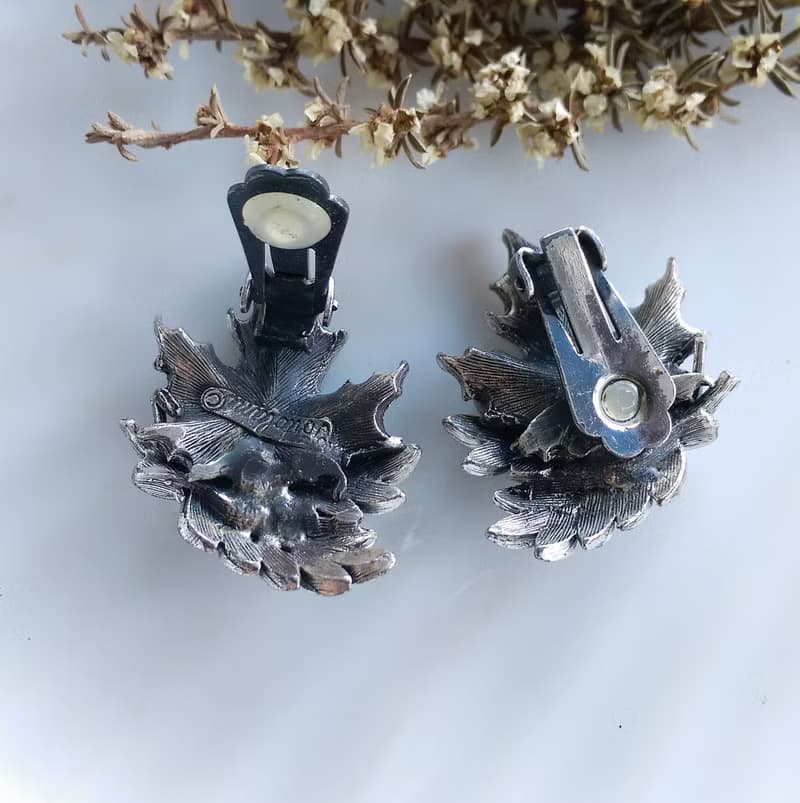Vintage Jewelry 西洋古董飾品 Tortolani 銀色調 葉子 夾式耳環
