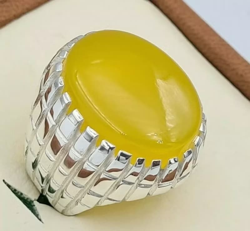 Yellow Yemeni Aqeeq Agate Aqiq Akik Handmade Rings Men Real Gemstone Silver Ring