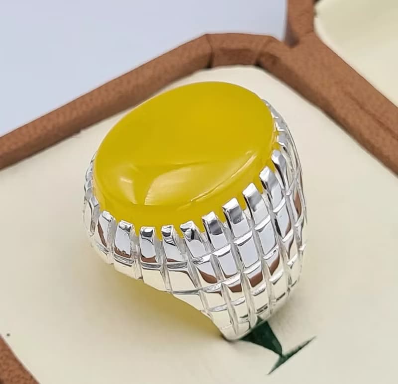 Yellow Yemeni Aqeeq Agate Aqiq Akik Handmade Rings Men Real Gemstone Silver Ring