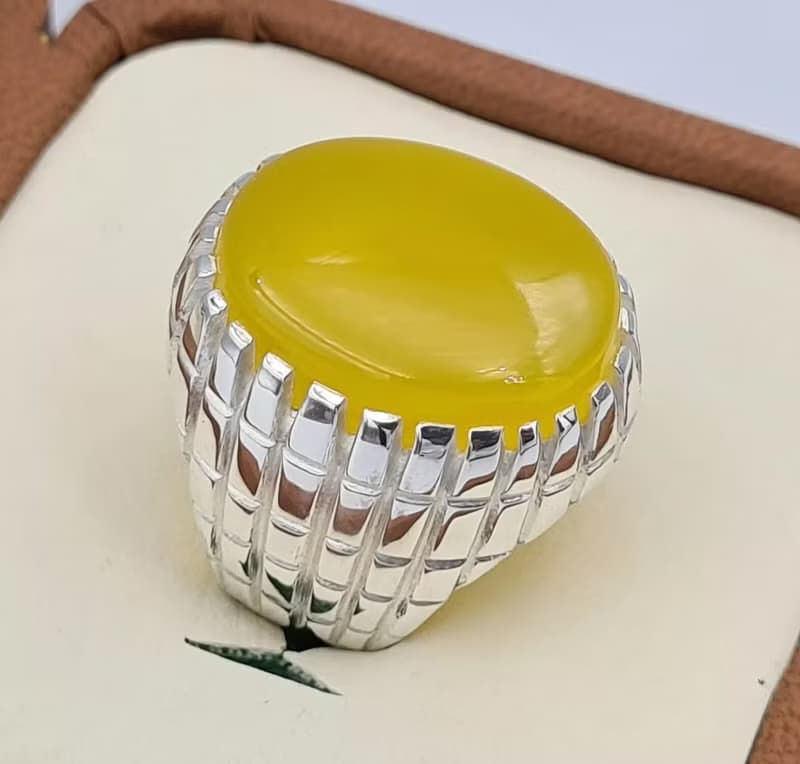 Yellow Yemeni Aqeeq Agate Aqiq Akik Handmade Rings Men Real Gemstone Silver Ring