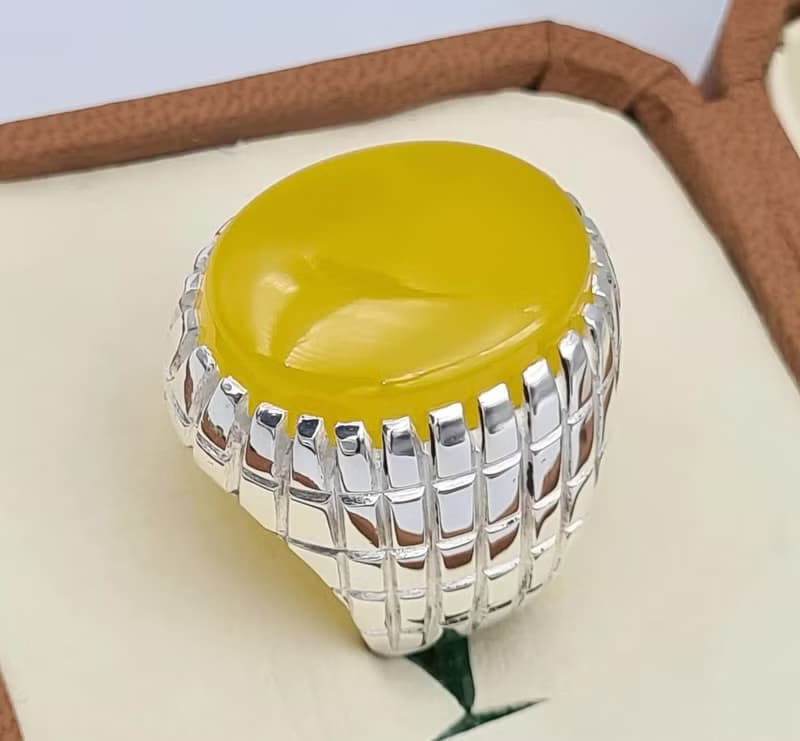 Yellow Yemeni Aqeeq Agate Aqiq Akik Handmade Rings Men Real Gemstone Silver Ring