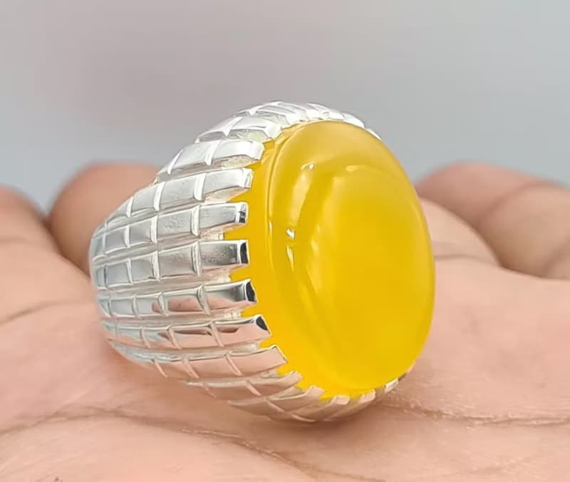 Yellow Yemeni Aqeeq Agate Aqiq Akik Handmade Rings Men Real Gemstone Silver Ring