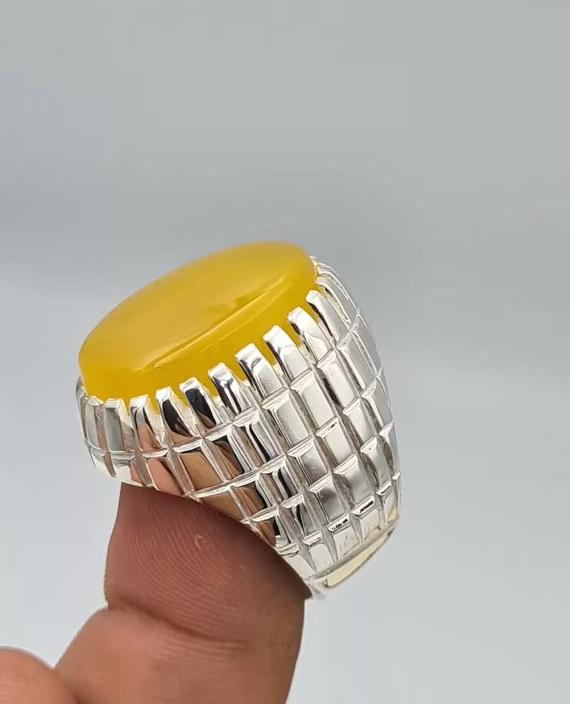 Yellow Yemeni Aqeeq Agate Aqiq Akik Handmade Rings Men Real Gemstone Silver Ring