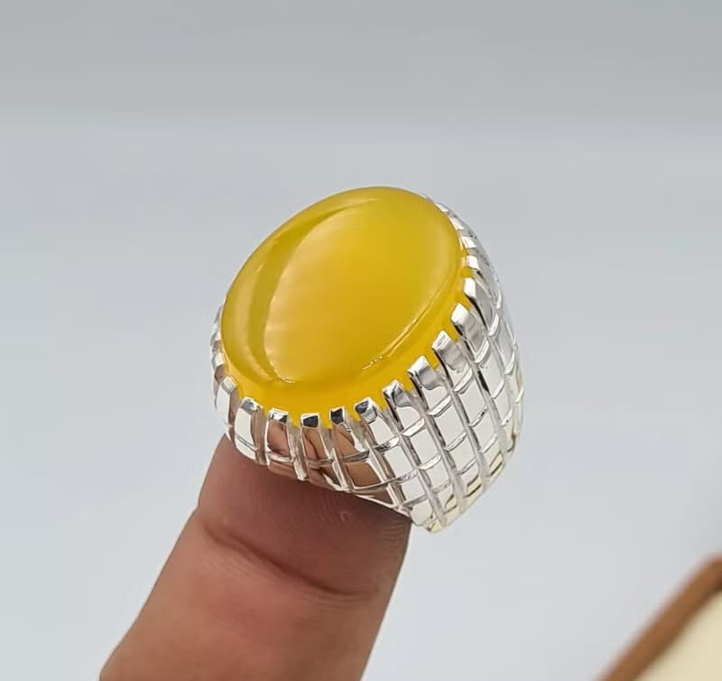 Yellow Yemeni Aqeeq Agate Aqiq Akik Handmade Rings Men Real Gemstone Silver Ring