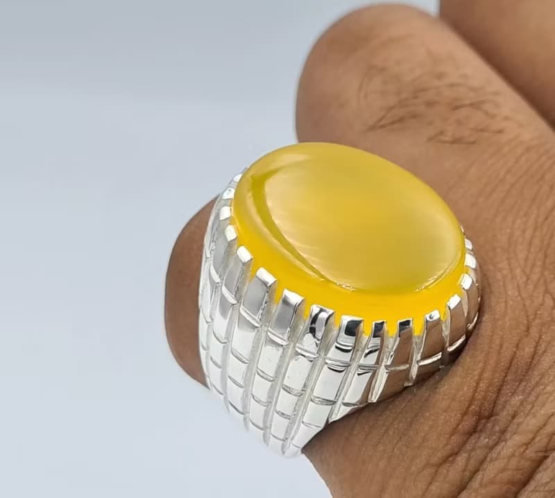 Yellow Yemeni Aqeeq Agate Aqiq Akik Handmade Rings Men Real Gemstone Silver Ring