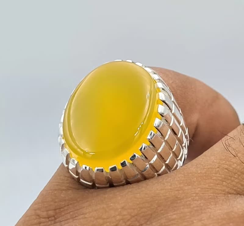 Yellow Yemeni Aqeeq Agate Aqiq Akik Handmade Rings Men Real Gemstone Silver Ring