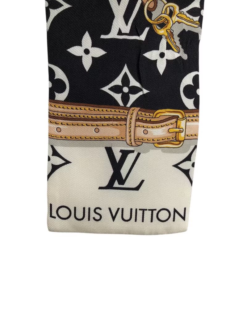 【 日本直送　名牌中古包 】LOUIS VUITTON ルイヴィトン モノグラム スカーフ ブラック×ホワイト シルク バンドーコンフィデンシャル un2uwf