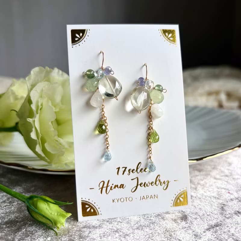14KGF 綠色紫水晶 x 葡萄石 長耳環 / 二月誕生石 / 耳夾