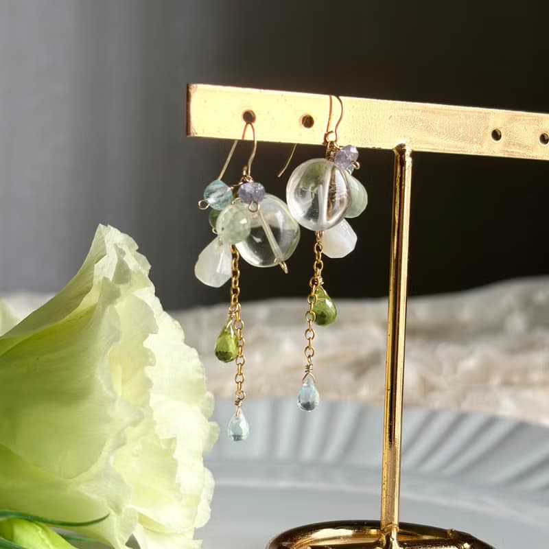 14KGF 綠色紫水晶 x 葡萄石 長耳環 / 二月誕生石 / 耳夾