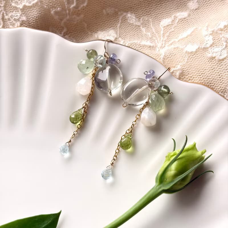 14KGF 綠色紫水晶 x 葡萄石 長耳環 / 二月誕生石 / 耳夾