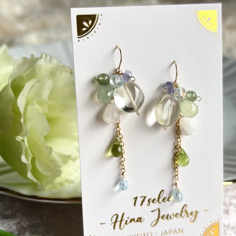 14KGF 綠色紫水晶 x 葡萄石 長耳環 / 二月誕生石 / 耳夾