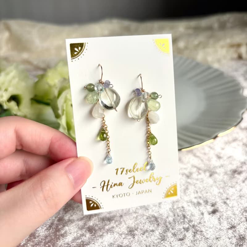 14KGF 綠色紫水晶 x 葡萄石 長耳環 / 二月誕生石 / 耳夾