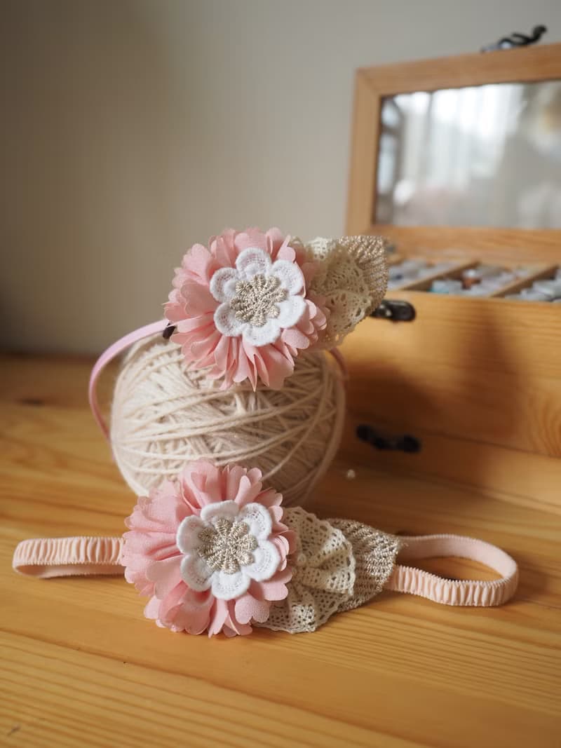 粉紅雪紡花嬰兒/小童彈性髮帶及頭箍套裝 適合百日宴彌月拍攝