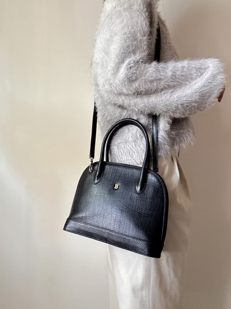 中古正品 Bally 貝殼形 黑色真皮 手提袋 兩用斜背包 水波紋