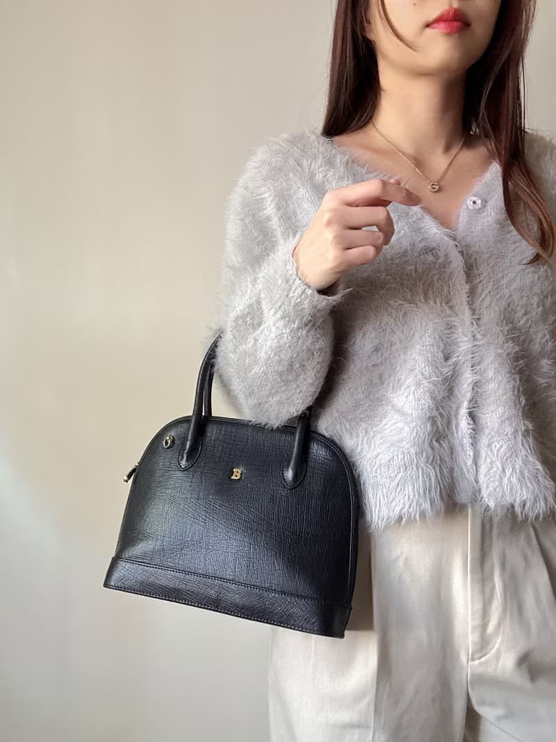 中古正品 Bally 貝殼形 黑色真皮 手提袋 兩用斜背包 水波紋
