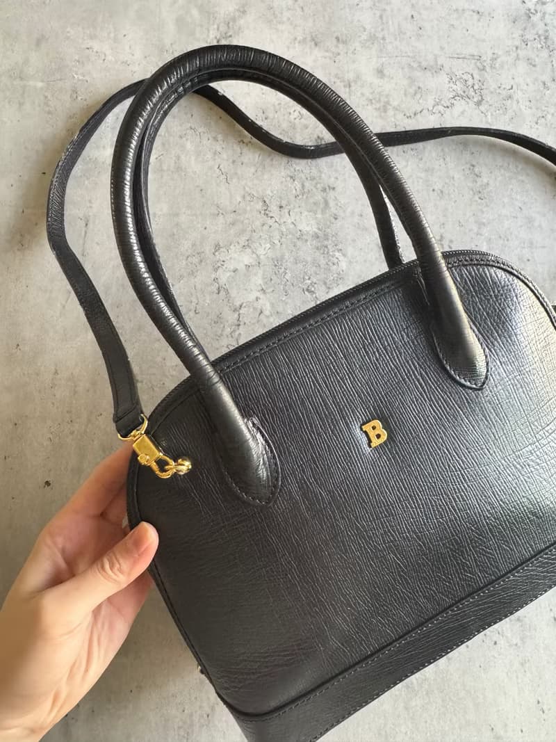 中古正品 Bally 貝殼形 黑色真皮 手提袋 兩用斜背包 水波紋