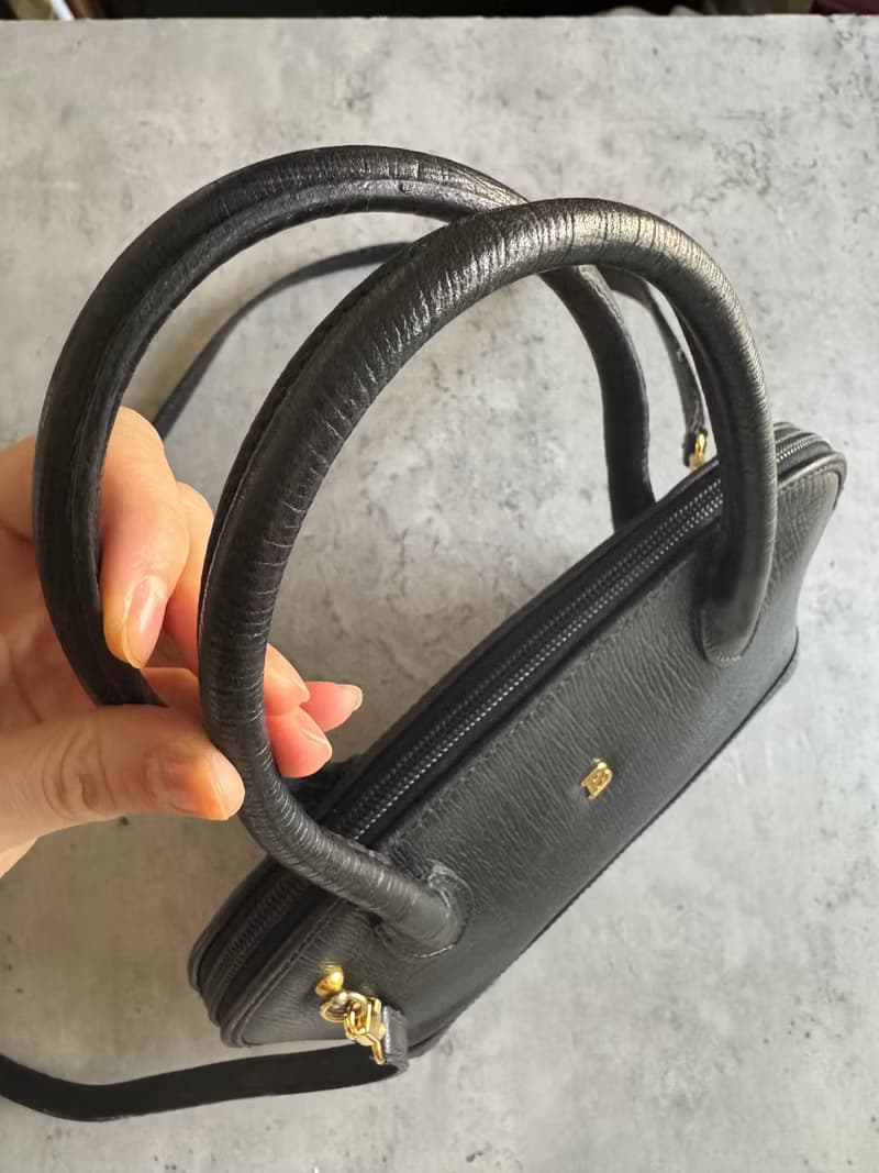 中古正品 Bally 貝殼形 黑色真皮 手提袋 兩用斜背包 水波紋