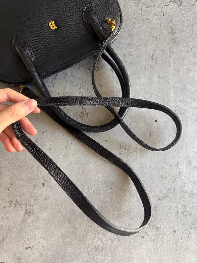 中古正品 Bally 貝殼形 黑色真皮 手提袋 兩用斜背包 水波紋