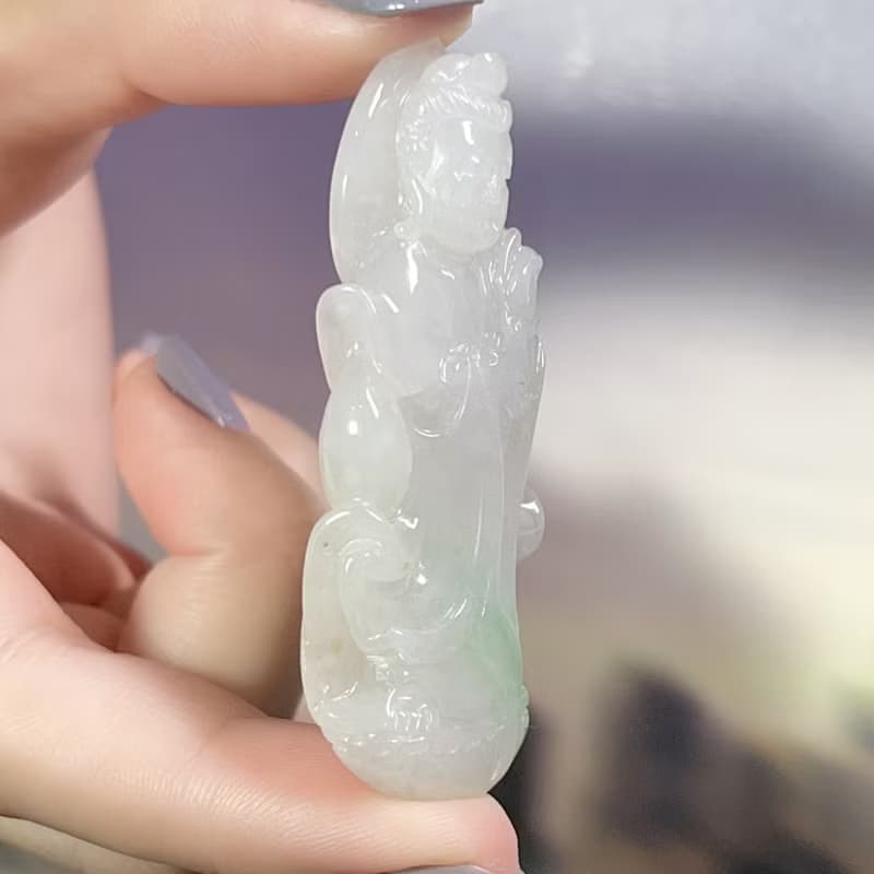 冰種飄綠翡翠寶瓶觀音菩薩 | 天然緬甸玉翡翠A貨 | 送禮