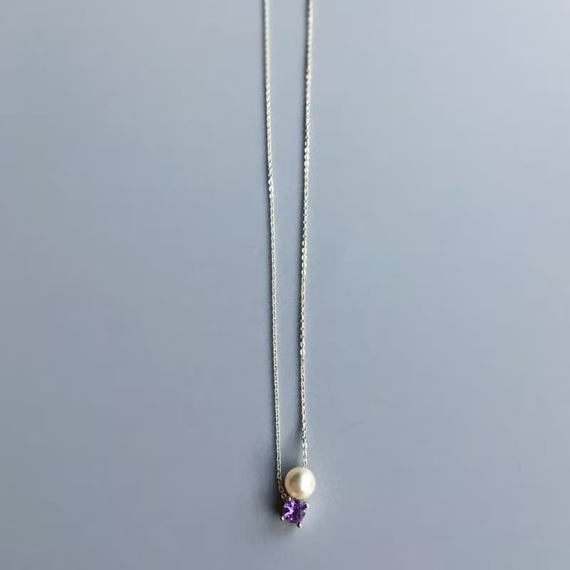 K10YG/SV925 Amethyst Necklace, February Birthstone, Akoya Pearl Dainty Necklace