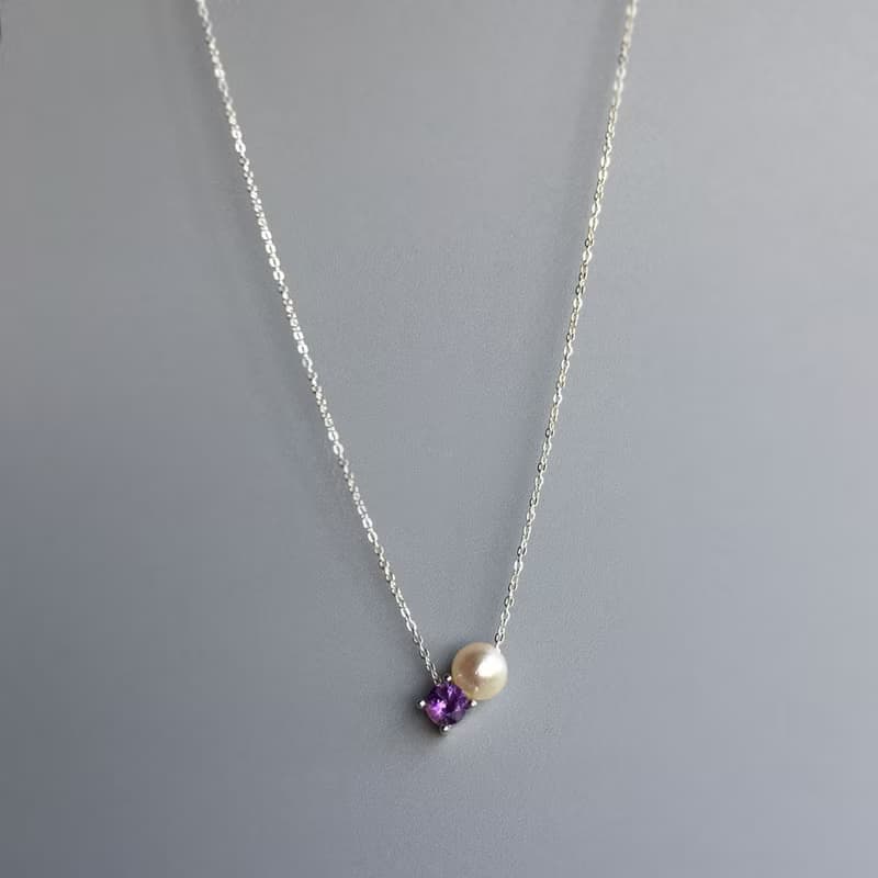 K10YG/SV925 Amethyst Necklace, February Birthstone, Akoya Pearl Dainty Necklace