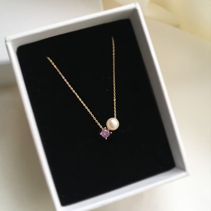 K10YG/SV925 Amethyst Necklace, February Birthstone, Akoya Pearl Dainty Necklace
