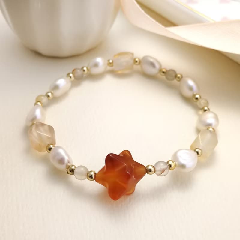 七月生日石-許願流星紅玉髓配養殖淡水珍珠彈性手鍊