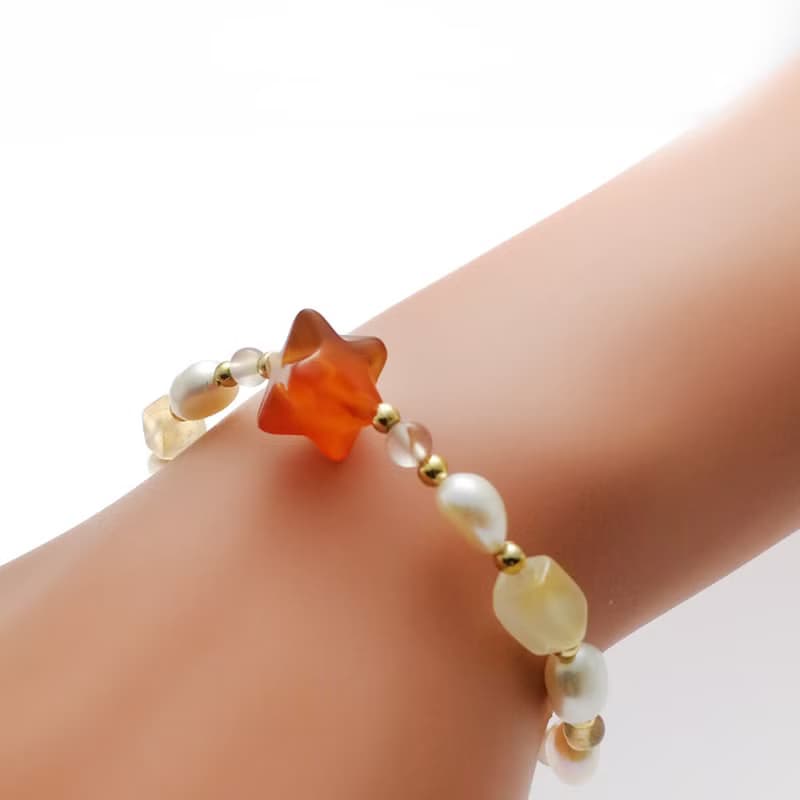 七月生日石-許願流星紅玉髓配養殖淡水珍珠彈性手鍊