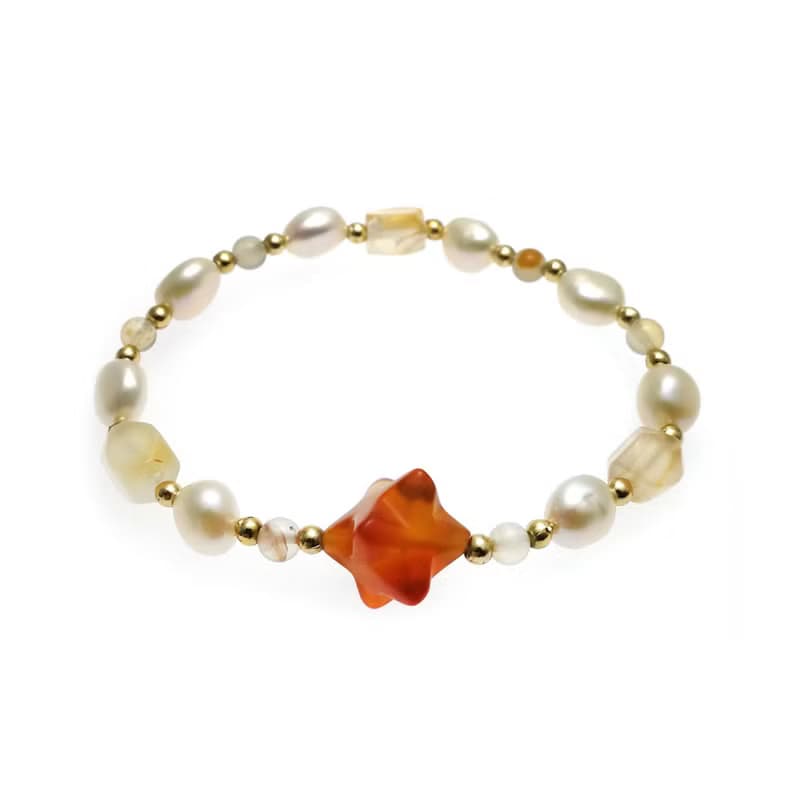 七月生日石-許願流星紅玉髓配養殖淡水珍珠彈性手鍊