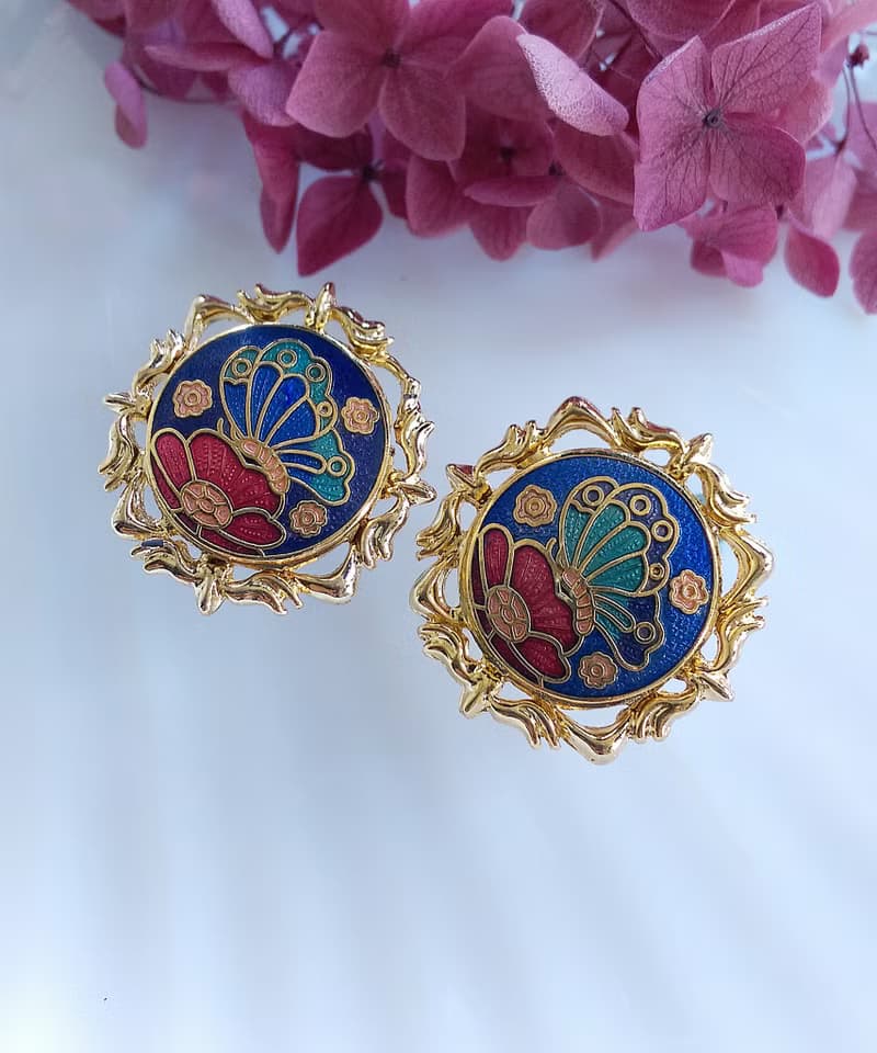 Vintage Jewelry 西洋古董飾品 景泰藍 雅致蝶花 針式耳環