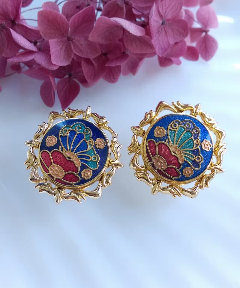 Vintage Jewelry 西洋古董飾品 景泰藍 雅致蝶花 針式耳環