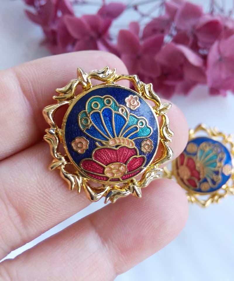 Vintage Jewelry 西洋古董飾品 景泰藍 雅致蝶花 針式耳環