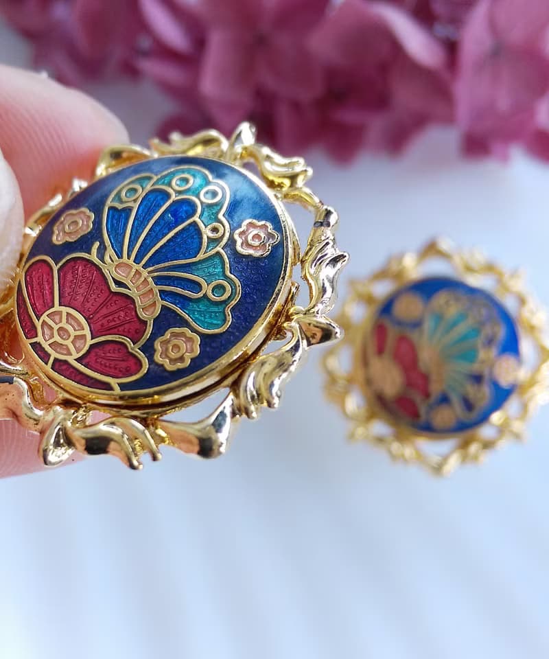 Vintage Jewelry 西洋古董飾品 景泰藍 雅致蝶花 針式耳環