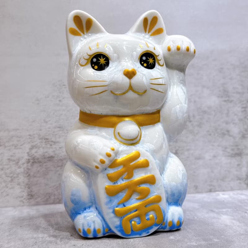 【萬両福貓】日本清水燒招財貓 | 花結晶 青白 千万両 左