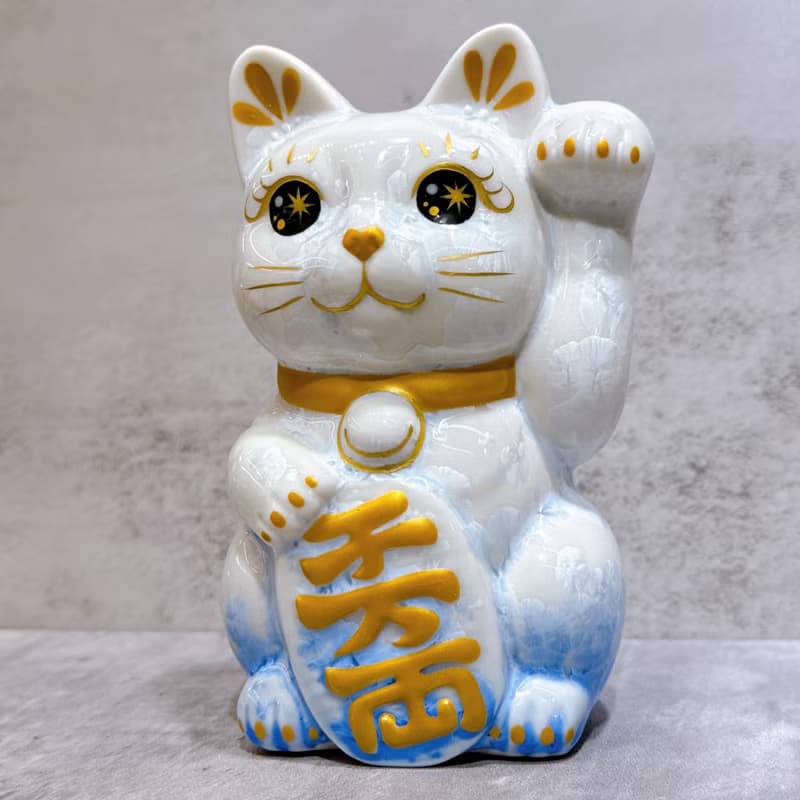 【萬両福貓】日本清水燒招財貓 | 花結晶 青白 千万両 左