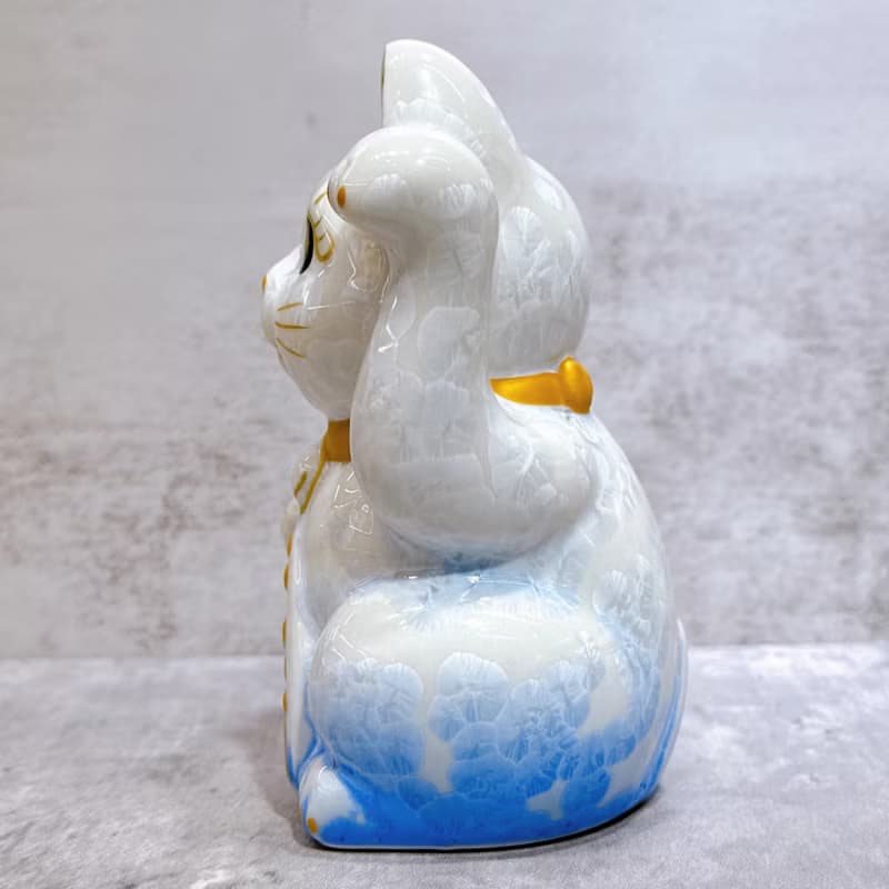 【萬両福貓】日本清水燒招財貓 | 花結晶 青白 千万両 左