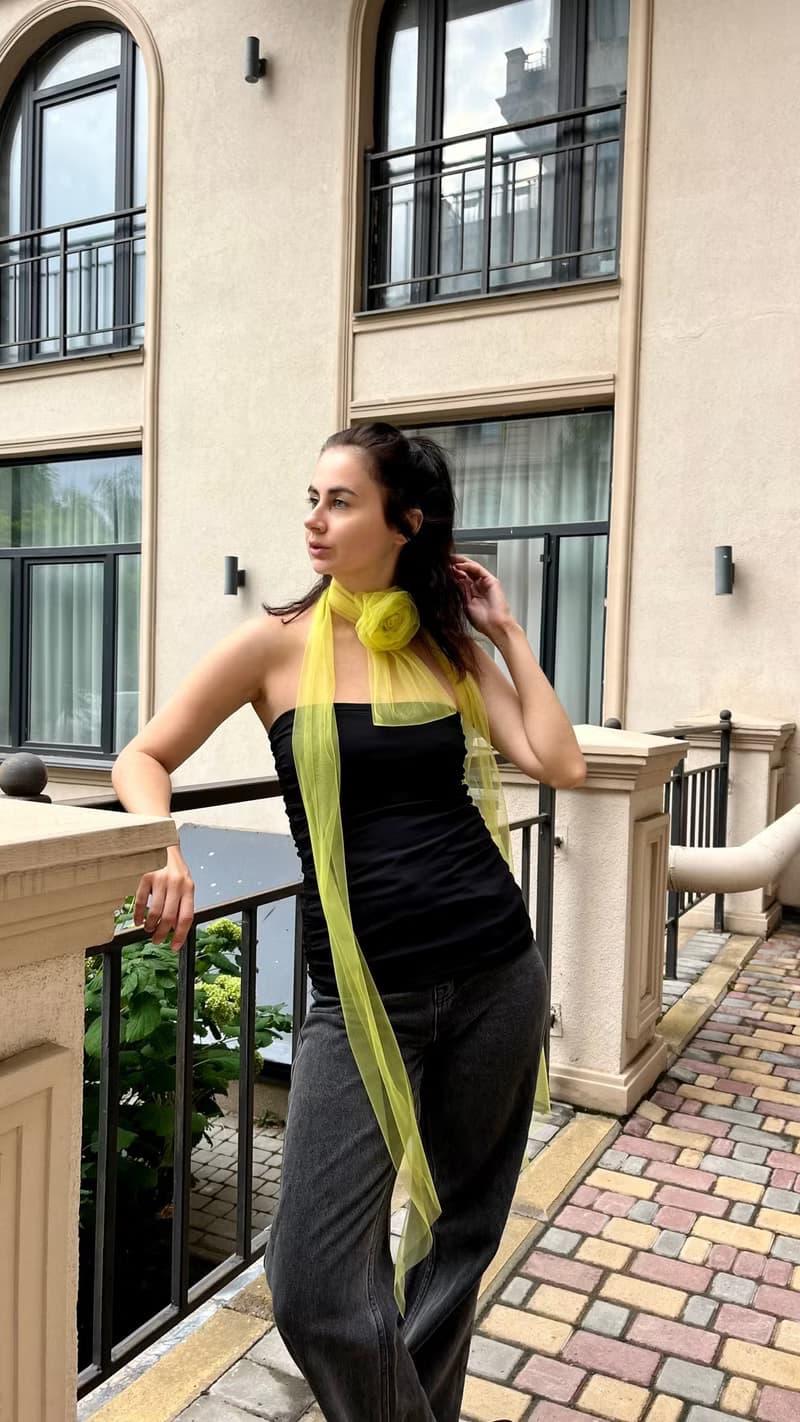 Sheer Rose Green Scarf with Rose  Olive Tulle Wrap with Floral Choker Necklaces