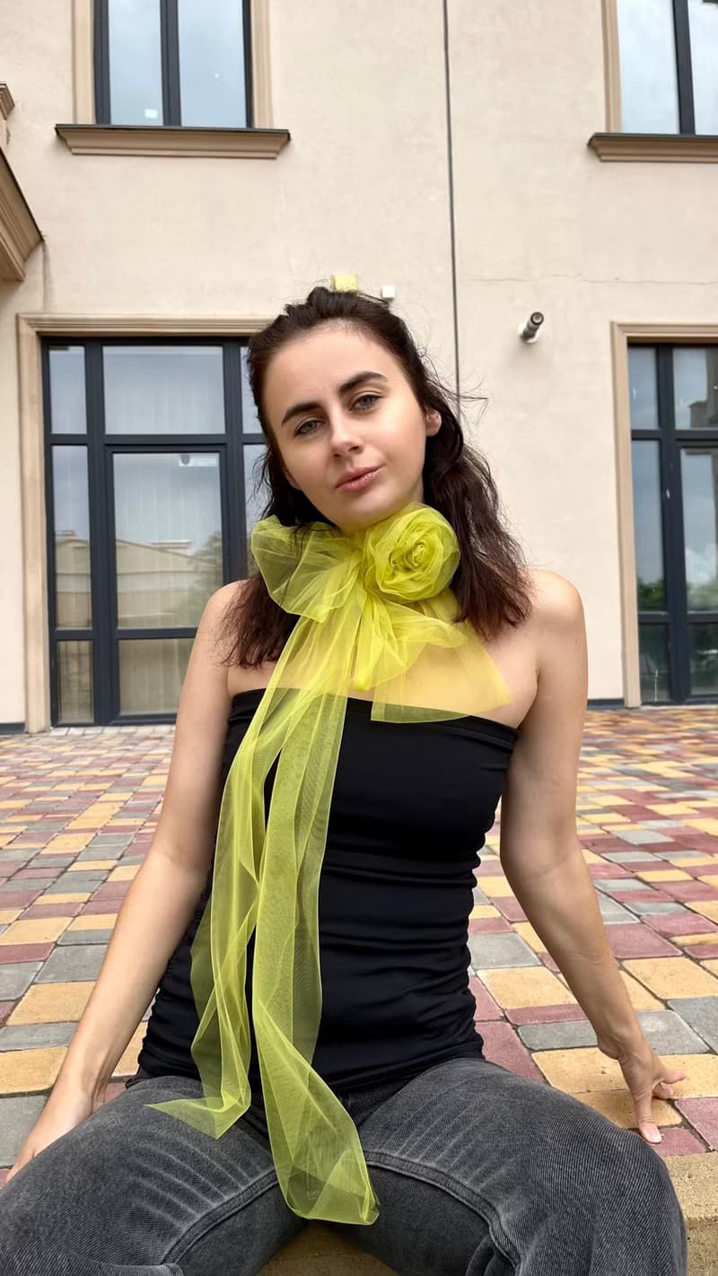 Sheer Rose Green Scarf with Rose  Olive Tulle Wrap with Floral Choker Necklaces
