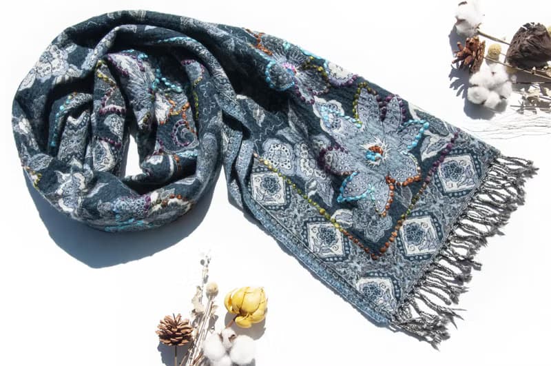 喀什米爾Cashmere/水煮羊毛披肩/針織圍巾/刺繡圍巾/羊絨披巾-花