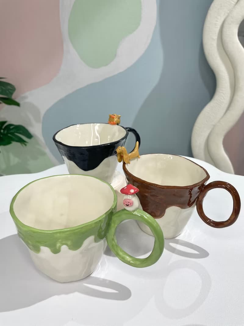 Handmade Porcelain Mug with Pastel Drip Design and Cute Top Decoration