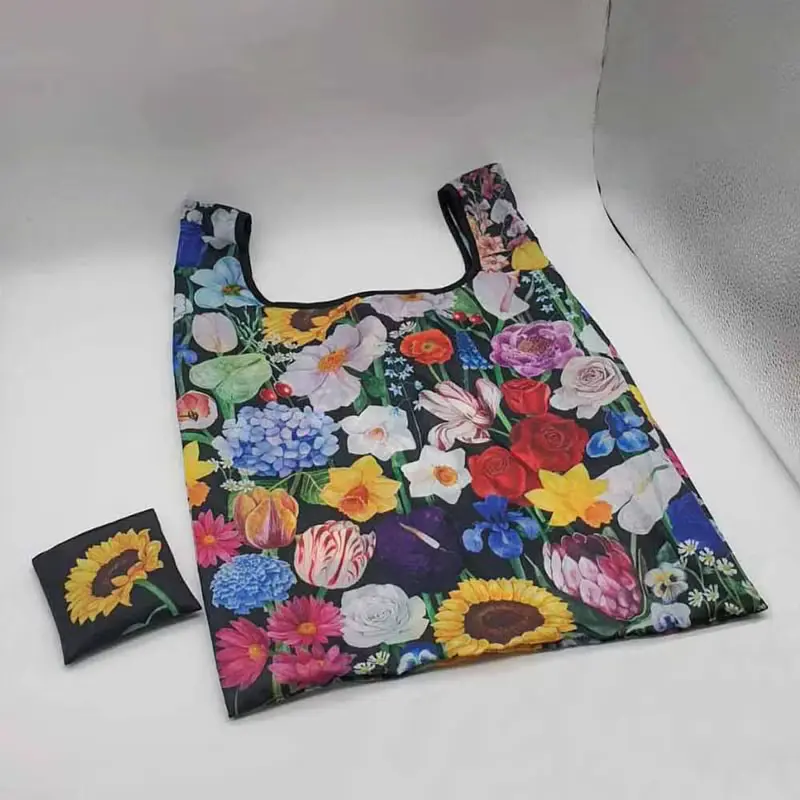 foldable cloth bag flower foldable shopping bag : black