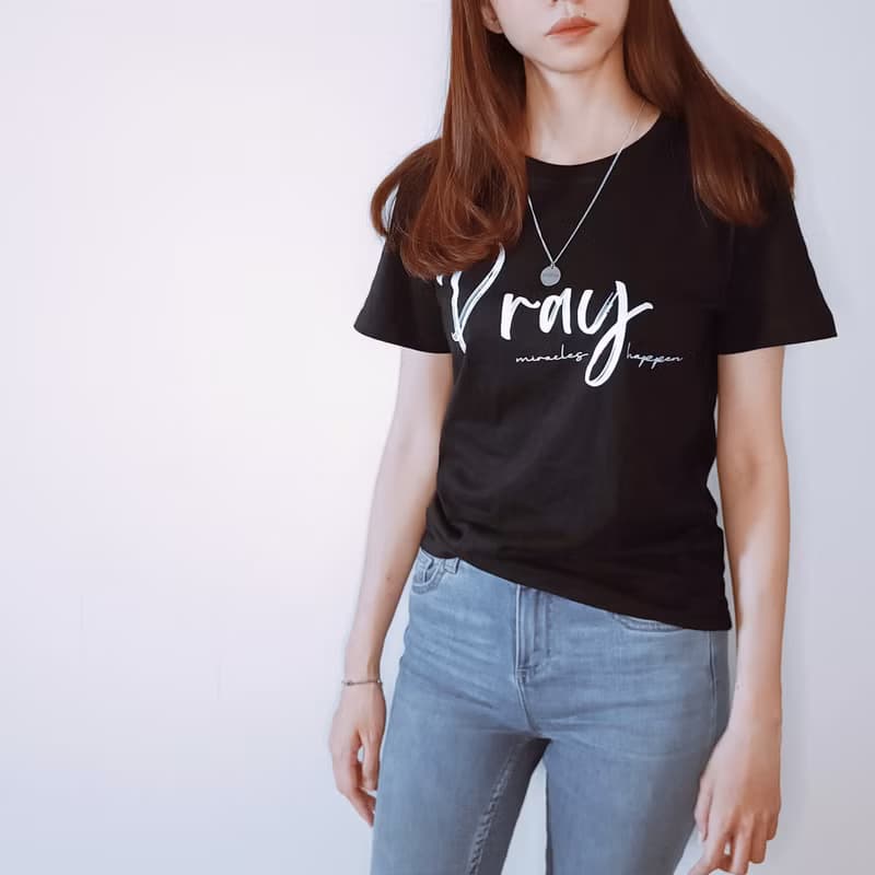Pray禱告神蹟發生女黑白純棉t-shirt上衣/基督教/福音/受洗禮物
