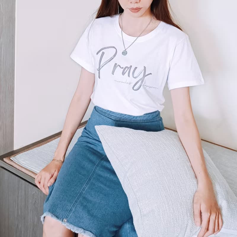 Pray禱告神蹟發生女黑白純棉t-shirt上衣/基督教/福音/受洗禮物